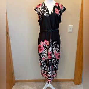 #528 Pretty New York & Company Black Midi Dress with Pink Floral Print